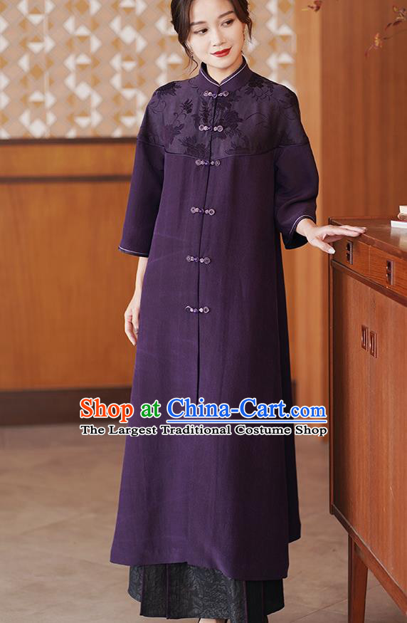 China Traditional Tang Suit Purple Silk Dust Coat National Gambiered Guangdong Gauze Outer Garment