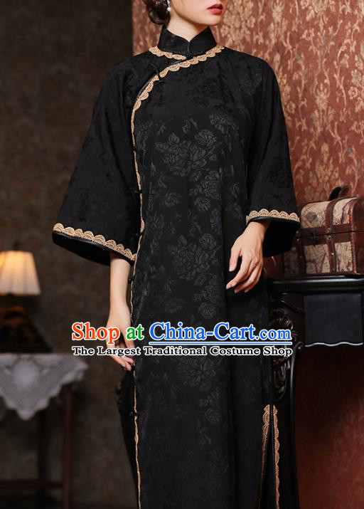 Chinese Classical Mandarin Sleeve Qipao Dress National Shanghai Woman Costume Traditional Black Flax Cheongsam