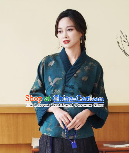 China National Female Outer Garment Traditional Tang Suit Blue Brocade Jacket