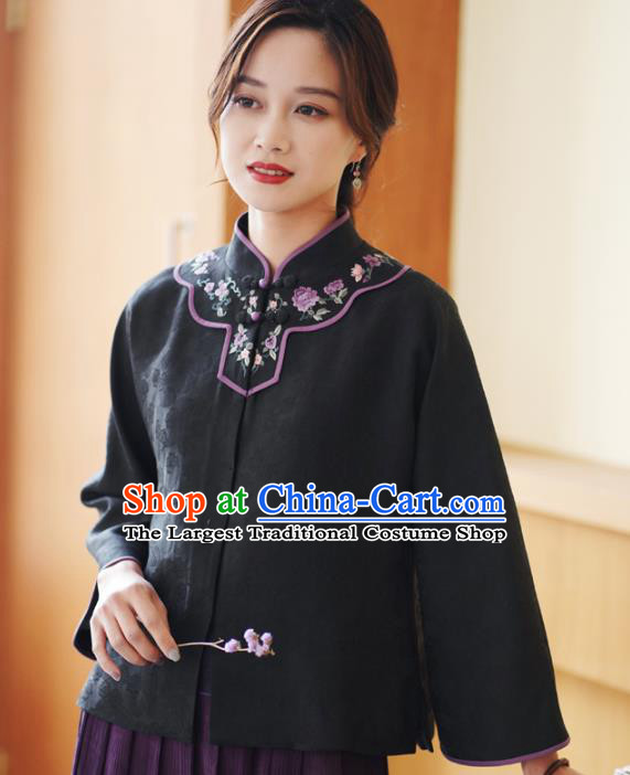 China National Embroidered Upper Outer Garment Traditional Tang Suit Black Silk Jacket