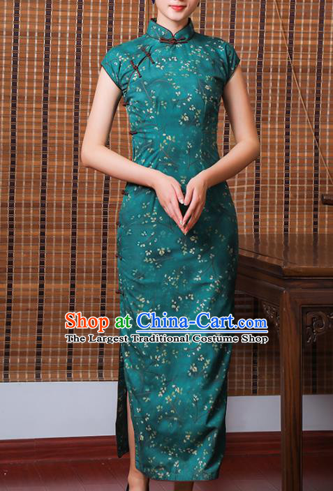 Chinese Classical Cheongsam Old Shanghai Woman Clothing Traditional Printing Deep Green Ramie Qipao Dress