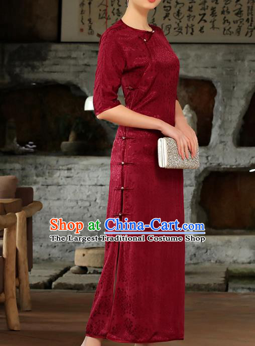 Chinese Woman Catwalks Clothing Classical Slant Opening Cheongsam Traditional Wine Red Tencel Qipao Dress