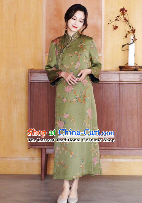 Republic of China Classical Green Silk Qipao Dress Traditional Hand Painting Flowers Cheongsam Clothing