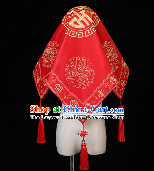 China Traditional Wedding Headwear Ancient Bride Red Veil Xiuhe Suit Red Satin Kerchief Headdress