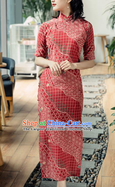 Republic of China Red Silk Cheongsam Costume Traditional Minguo Shanghai Beauty Qipao Dress