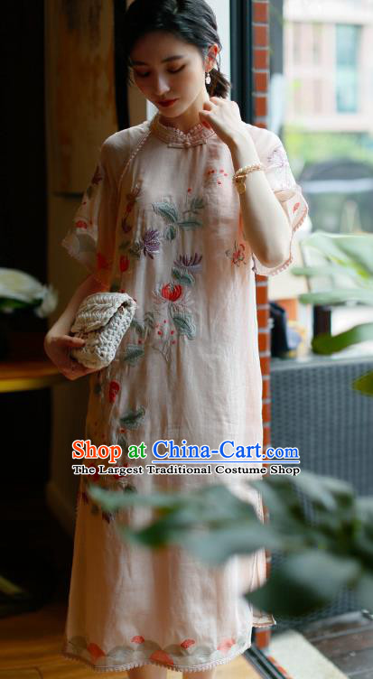 China Classical Pink Ramine Cheongsam Costume Traditional Young Woman Embroidered Chrysanthemum Qipao Dress