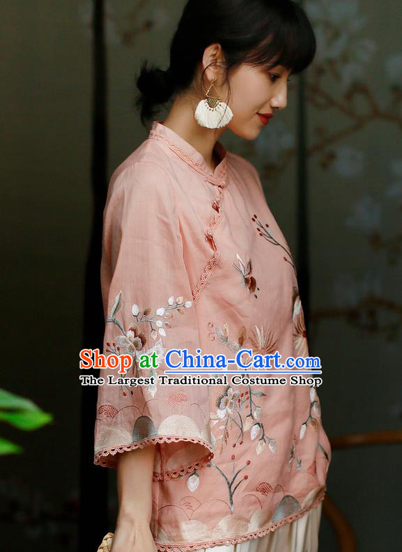 Chinese Traditional Tang Suit Embroidered Pink Flax Shirt Classical Cheongsam Upper Outer Garment