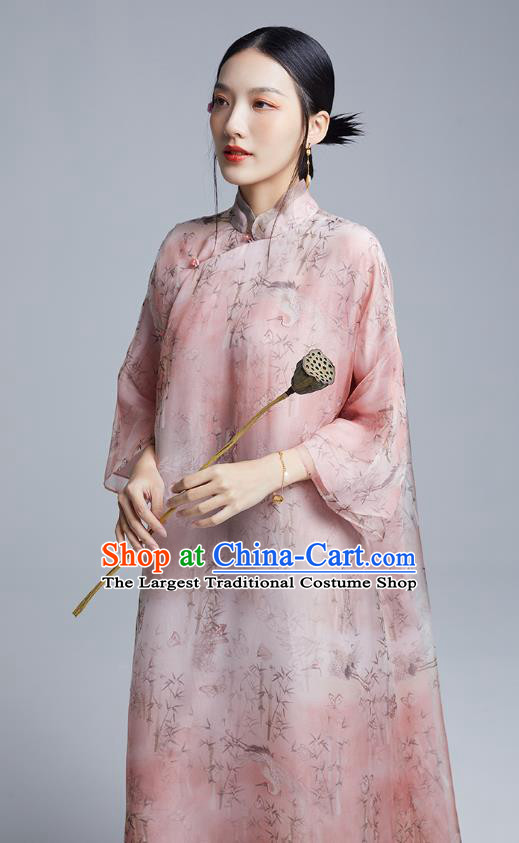 China Classical Printing Pink Organdy Cheongsam Costume Traditional Young Lady Loose Qipao Dress