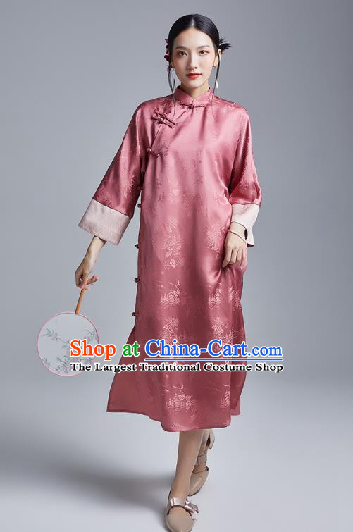 China Classical Deep Pink Silk Cheongsam Costume Traditional Young Lady Loose Brocade Qipao Dress