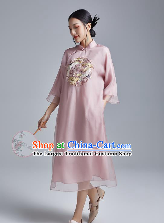 China Classical Pink Organdy Cheongsam Costume Traditional Young Lady Embroidered Cranes Qipao Dress