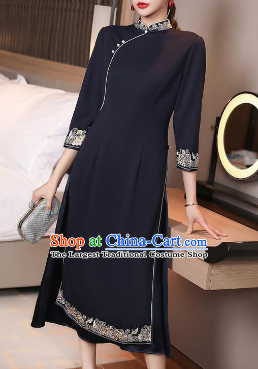 Chinese Traditional Tang Suit Cheongsam Costume National Embroidered Navy Blue Qipao Dress