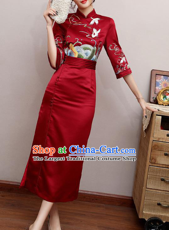 Chinese Traditional Tang Suit Embroidered Cheongsam Costume Modern Dance Dark Red Satin Qipao Dress