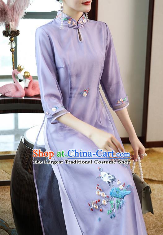 Chinese Zen Costume Traditional Tang Suit Embroidered Purple Organdy Cheongsam Stand Collar Qipao Dress