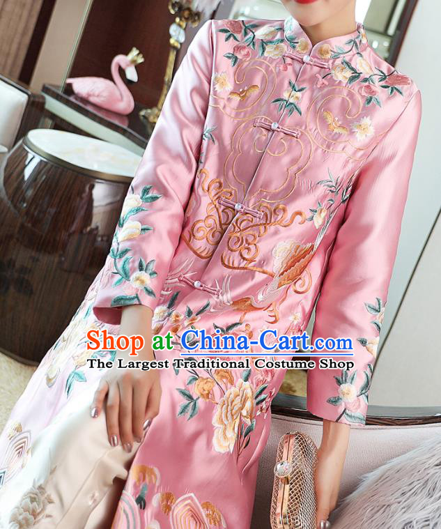 China National Embroidered Pink Brocade Dust Coat Traditional Tang Suit Outer Garment Cotton Wadded Coat