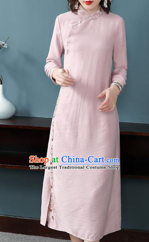 Chinese Traditional Woman Modern Qipao Dress Tang Suit Embroidered Pink Cheongsam Costume