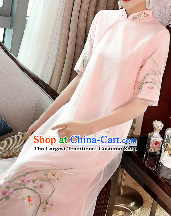 Chinese Embroidered Pink Organdy Cheongsam Costume Traditional Tang Suit Qipao Dress