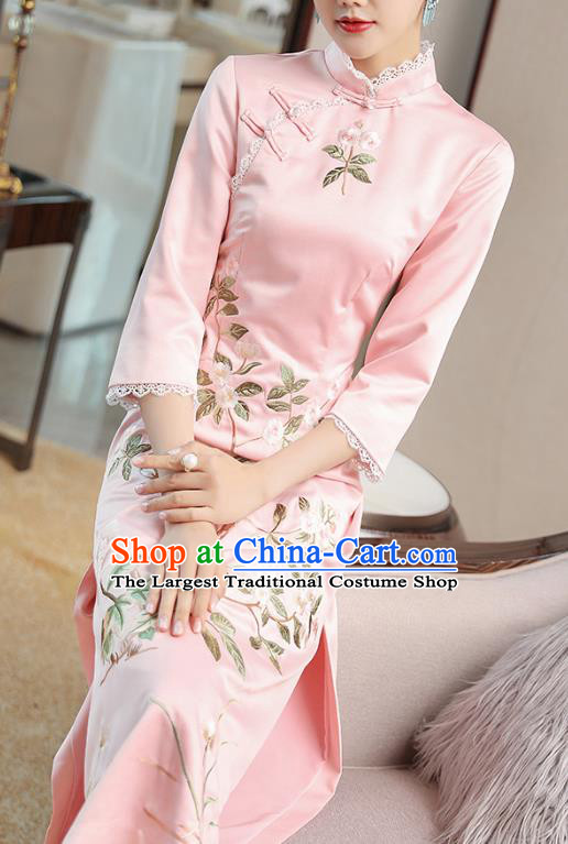 Chinese Embroidered Pink Satin Qipao Dress Traditional Tang Suit Cheongsam Costume