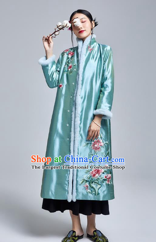 Chinese Traditional Tang Suit Cotton Wadded Coat National Embroidered Peony Blue Silk Dust Coat