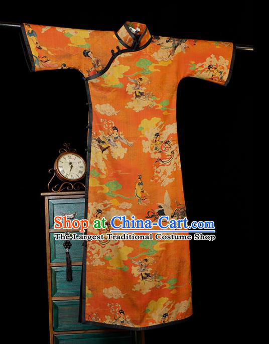 Republic of China Printing Fairy Qipao Dress Traditional Minguo Classical Shanghai Orange Gambiered Guangdong Gauze Cheongsam