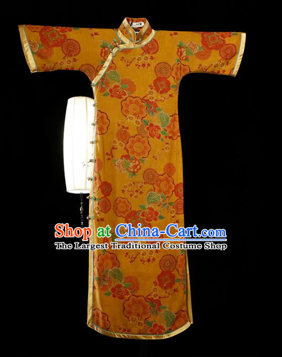 Republic of China Classical Printing Yellow Cheongsam Traditional Minguo Gambiered Guangdong Gauze Qipao Dress