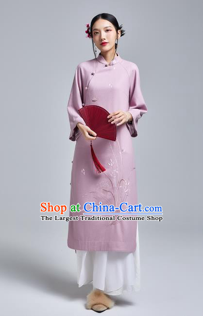 China Classical Lilac Woolen Cheongsam Costume Traditional Young Lady Embroidered Orchids Qipao Dress