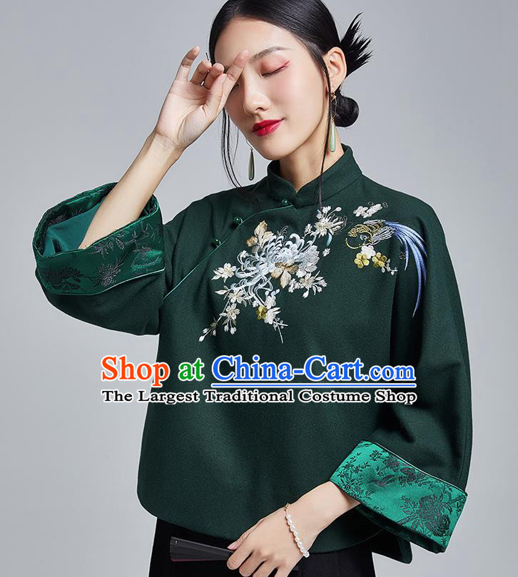 Chinese Traditional Tang Suit Embroidered Chrysanthemum Outer Garment National Atrovirens Woolen Cotton Wadded Jacket