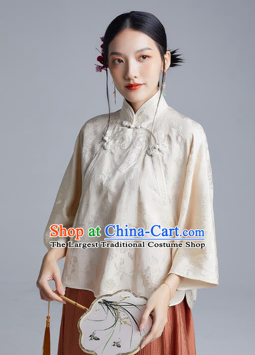 Chinese Classical Cheongsam Beige Silk Blouse Traditional Tang Suit Shirt Upper Outer Garment