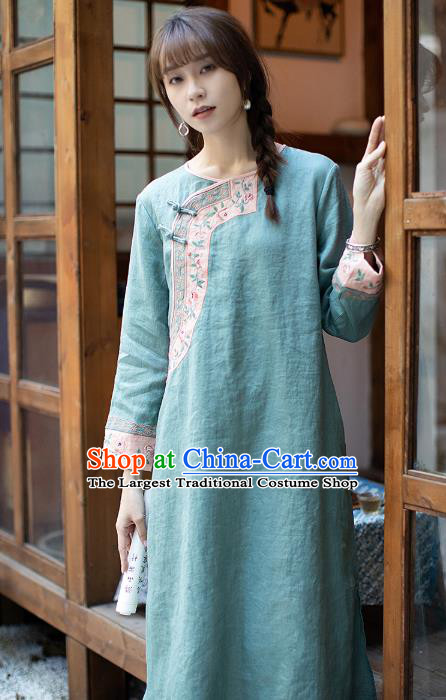 China Classical Embroidered Green Cheongsam Zen Flax Costume Traditional Young Lady Qipao Dress