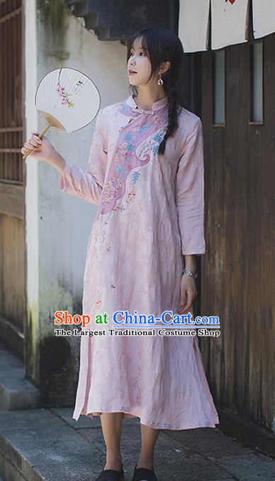 China Classical Cheongsam Costume Traditional Tang Suit Young Woman Embroidered Pink Flax Qipao Dress