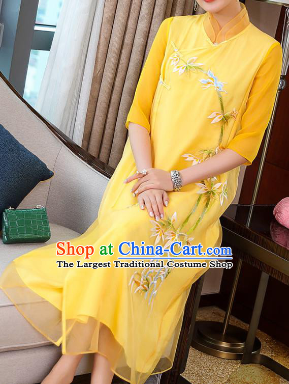 China Traditional Tang Suit Qipao Dress Classical Young Woman Embroidered Bamboo Yellow Organdy Cheongsam Costume