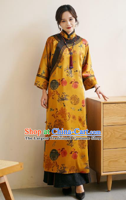 Top Yellow Gambiered Guangdong Gauze Cheongsam China Classical Crane Peony Pattern Design Silk Qipao Dress