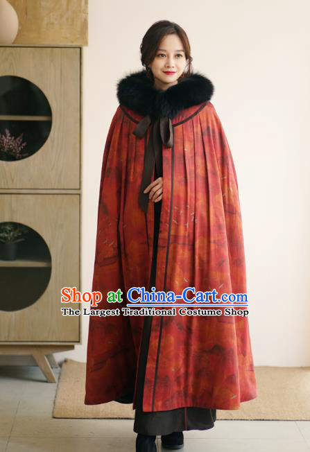 China National Red Gambiered Guangdong Gauze Cape Winter Women Clothing Li Ziqi Silk Cloak