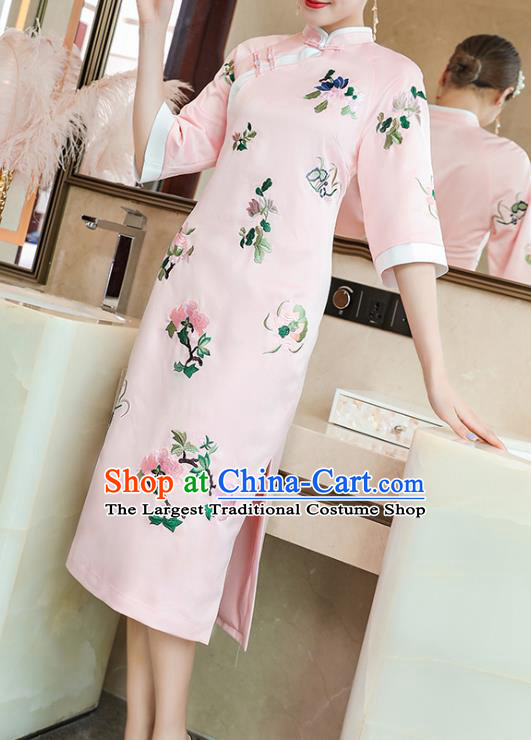 China Classical Embroidered Pink Silk Cheongsam Traditional Tang Suit Qipao Dress