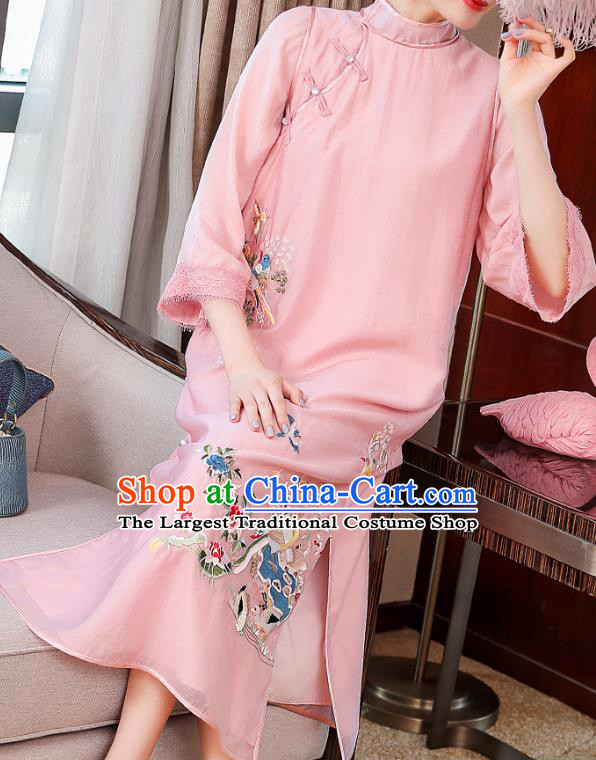 China Traditional Tang Suit Round Collar Qipao Dress Classical Embroidered Pink Tencel Cheongsam