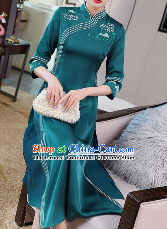 China Classical Embroidered Blue Satin Cheongsam Traditional Tang Suit Ao Dai Qipao Dress