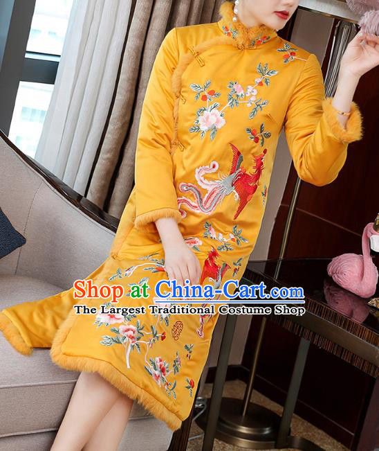 China Tang Suit Embroidered Phoenix Peony Cheongsam Traditional Classical Yellow Silk Qipao Dress