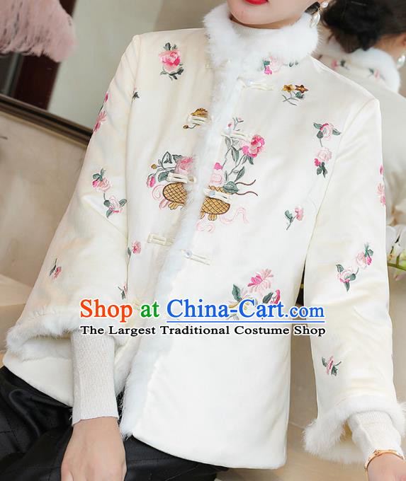 Chinese Winter Tang Suit Overcoat Traditional Embroidered White Cotton Wadded Jacket