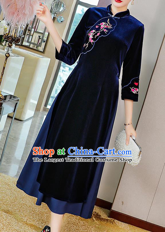 China Traditional Embroidered Plum Blossom Cheongsam Costume Tang Suit Deep Blue Velvet Qipao Dress