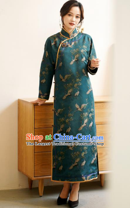 Republic of China Classical Crane Pattern Teal Silk Qipao Dress Traditional Jacquard Brocade Cheongsam Clothing