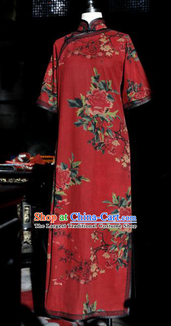 Republic of China Classical Wedding Red Cheongsam Traditional Minguo Shanghai Beauty Silk Qipao Dress