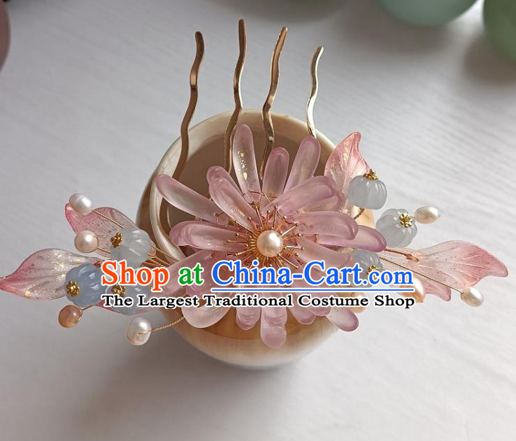 Chinese Ancient Young Lady Hairpin Hanfu Hair Accessories Traditional Song Dynasty Pink Chrysanthemum Hair Comb