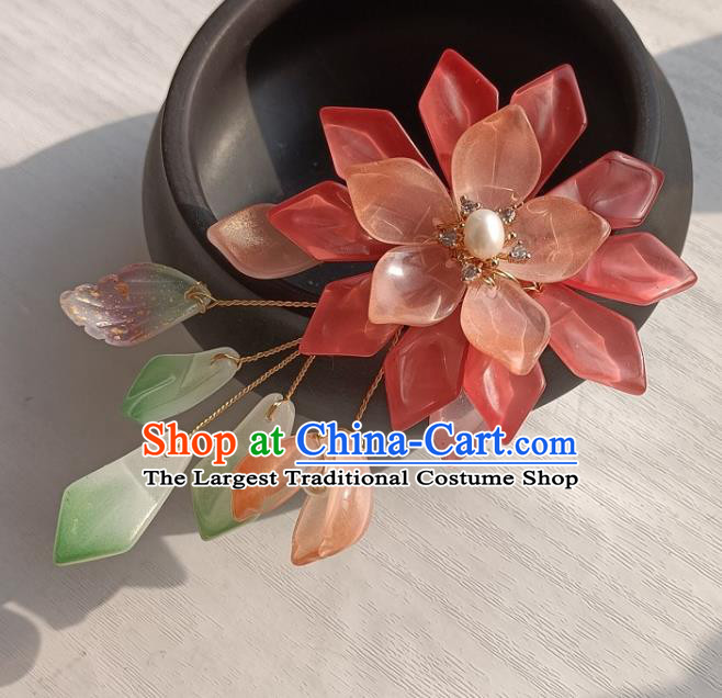 Chinese Traditional Ming Dynasty Pink Flower Hair Stick Ancient Young Lady Hairpin Hanfu Hair Accessories