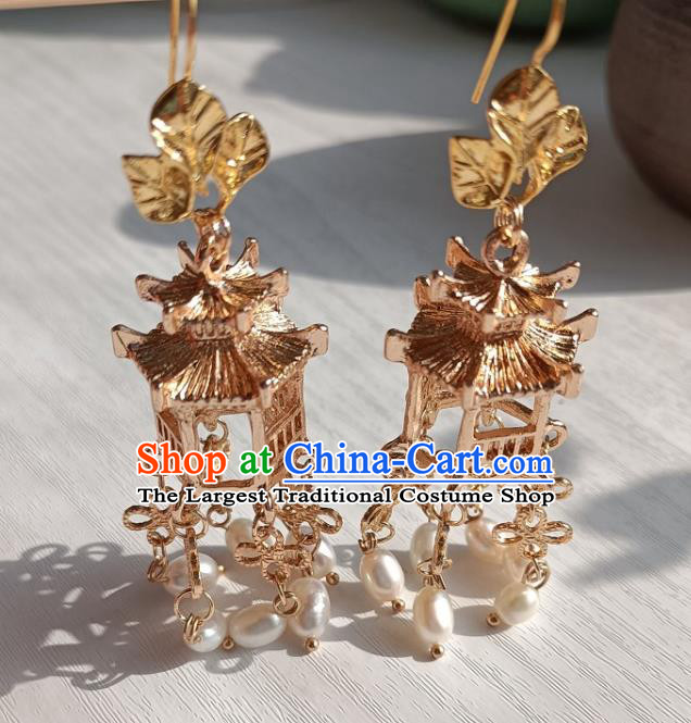 China Handmade Ancient Ming Dynasty Empress Golden Lantern Earrings Traditional Hanfu Ear Accessories