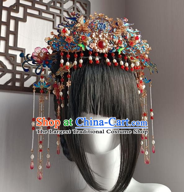 Chinese Ancient Empress Cloisonne Hair Crown Hanfu Hair Accessories Traditional Qing Dynasty Phoenix Coronet