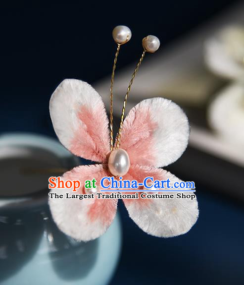 Chinese Traditional Cheongsam Pearls Hairpin Hair Accessories Ancient Princess Pink Velvet Butterfly Hair Stick