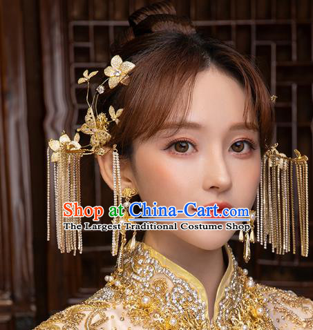 China Handmade Ancient Bride Golden Butterfly Tassel Earrings Traditional Wedding Ear Accessories