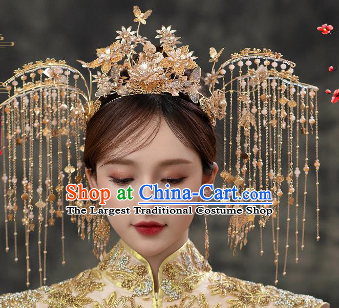 Chinese Bride Tassel Phoenix Coronet Traditional Wedding Hair Accessories Classical Xiuhe Suit Golden Flowers Hair Crown