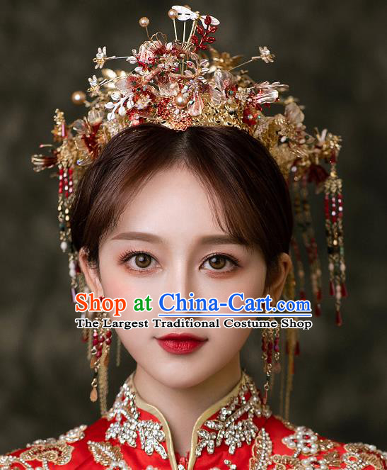 Chinese Traditional Wedding Hair Accessories Classical Xiuhe Suit Hair Crown Bride Tassel Hairpins