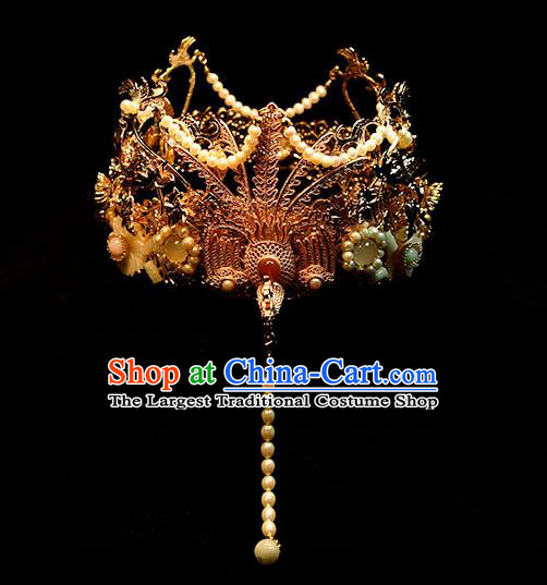 Chinese Ancient Empress Tassel Phoenix Coronet Traditional Ming Dynasty Queen Golden Phoenix Hair Crown