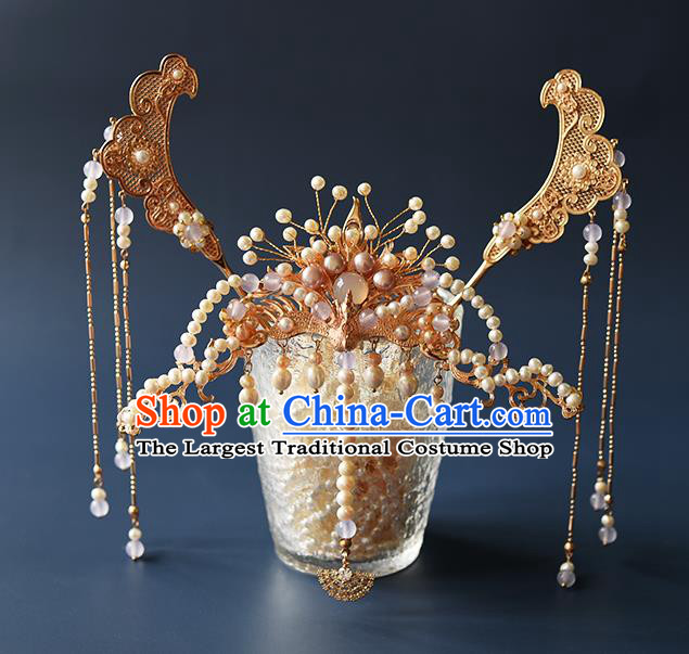 Chinese Traditional Tang Dynasty Empress Hair Accessories Ancient Queen Phoenix Hair Crown and Tassel Hairpins